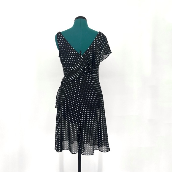 Chaps Black with White Polka Dots Asymmetrical Ruffled Lined Flutter Dress, 8 - Picture 7 of 17